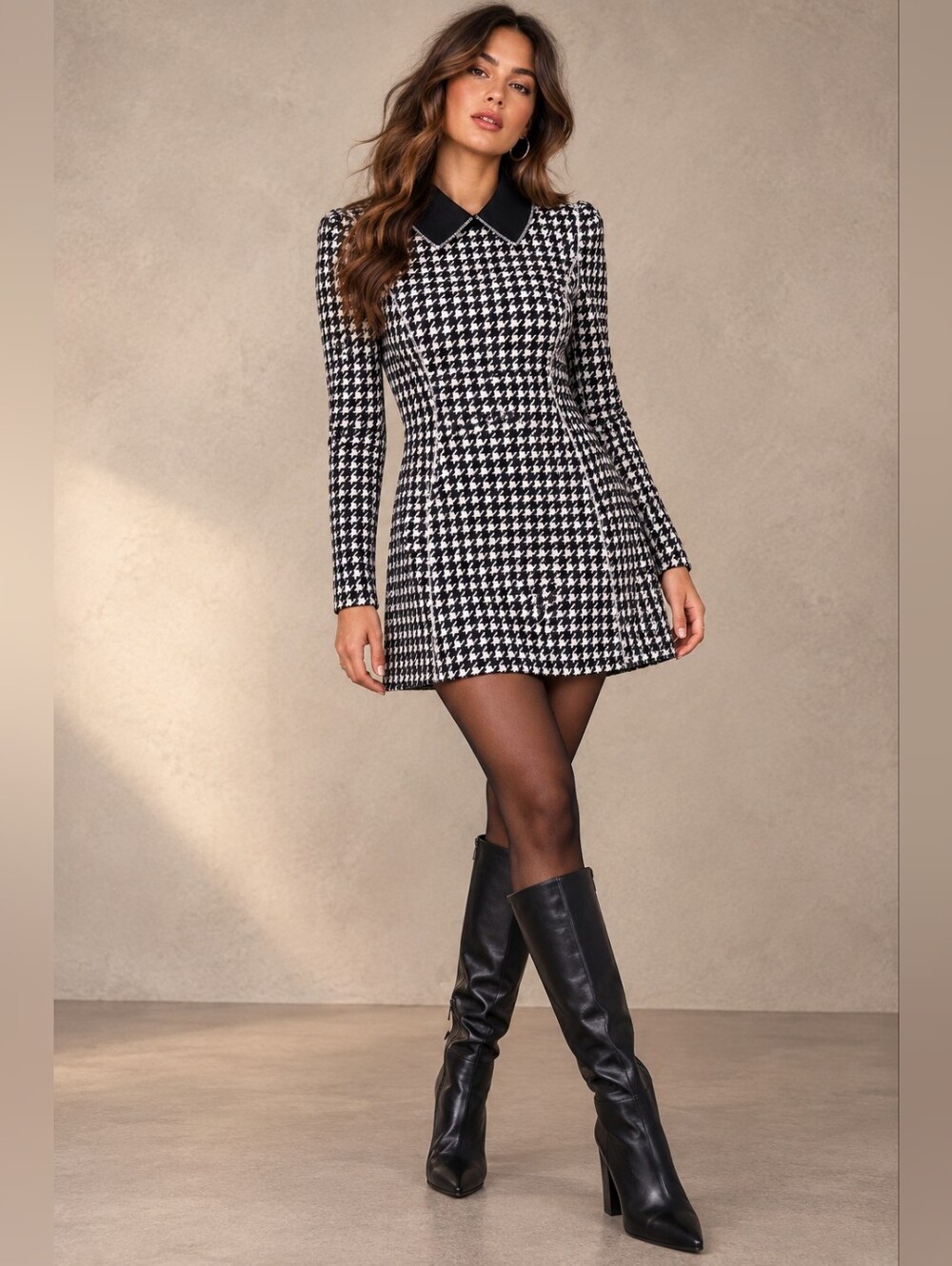 Houndstooth Mini Dress – Black Collar, Contrast Stitching, Mod Mod Dress